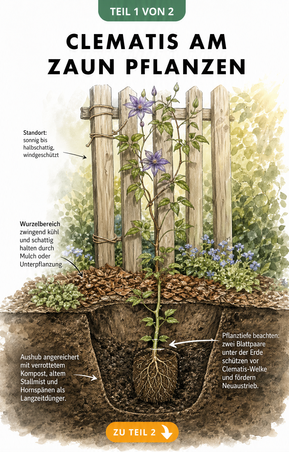 Querschnitt durch das Erdreich an einem Holzzaun mit einer gepflanzten Clematis, die zwei Blattpaare tief in der Erde sitzt und mit Rindenmulch abgedeckt ist.