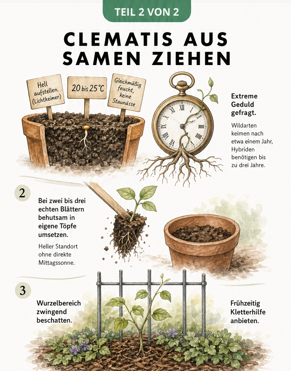 Zeitstrahl zur Anzucht von Clematis aus Samen: Keimung im Topf, Pikieren bei drei Blättern und Auspflanzen mit Rankhilfe und Mulch.