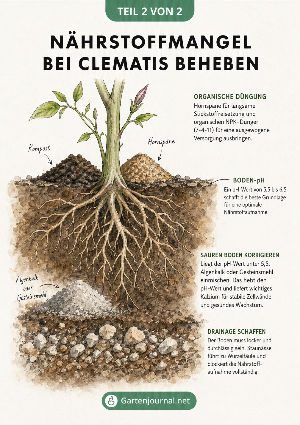Querschnitt durch den Erdboden einer Clematis, der organische Düngung, pH-Wert-Korrektur und die wichtige Drainage im Wurzelbereich zeigt.