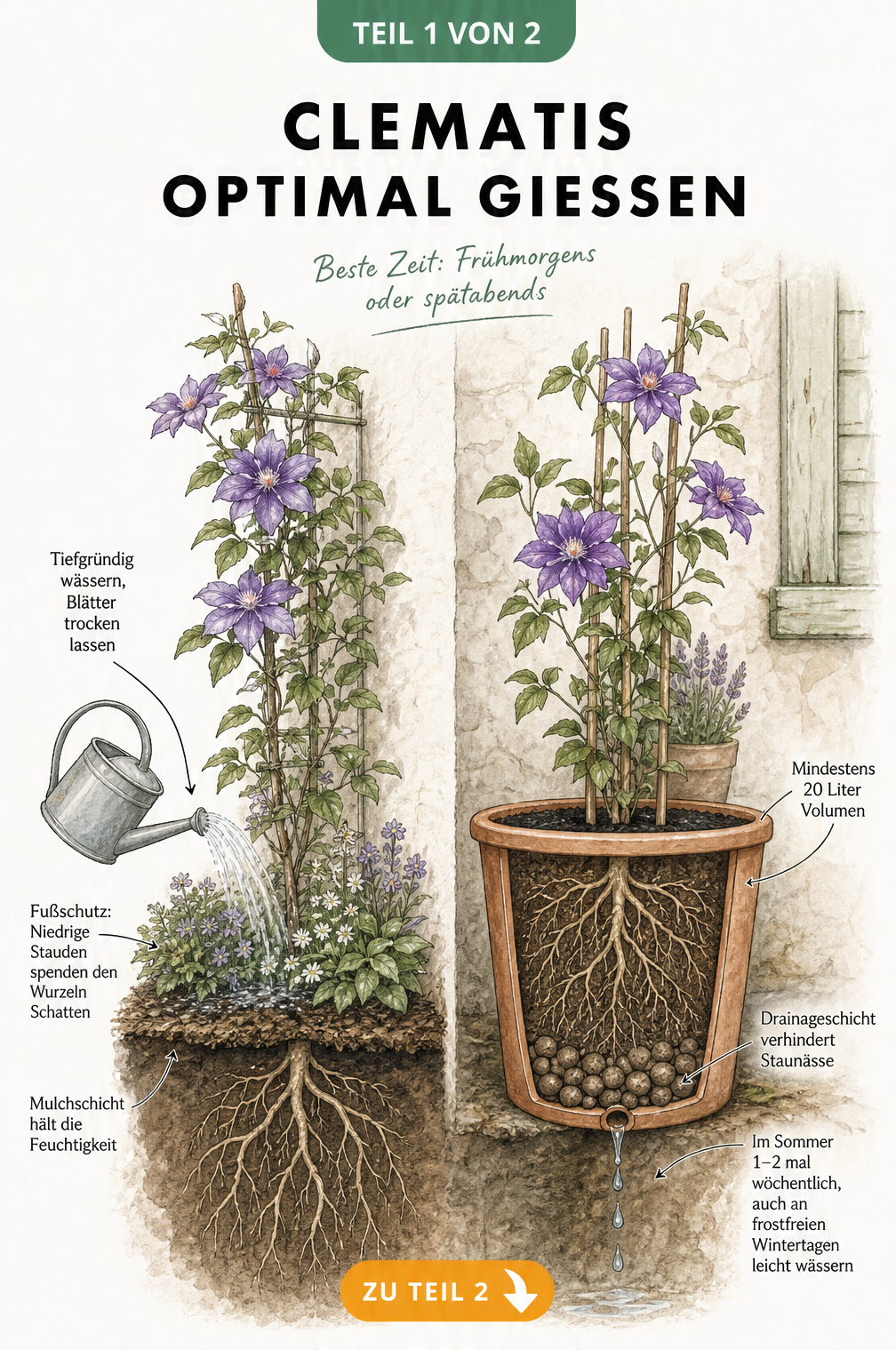 Illustration einer Clematis im Gartenbeet und im Kübel mit Querschnitt des Erdreichs, der Mulchschicht und Drainageschicht zeigt.