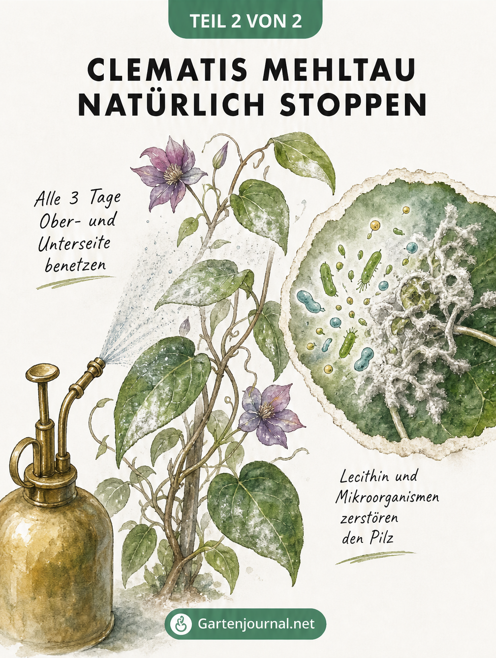 Illustration einer Pflanzenspritze, die eine Clematis besprüht, mit Detailansicht der Wirkung von Milch-Mikroorganismen gegen Mehltau-Sporen