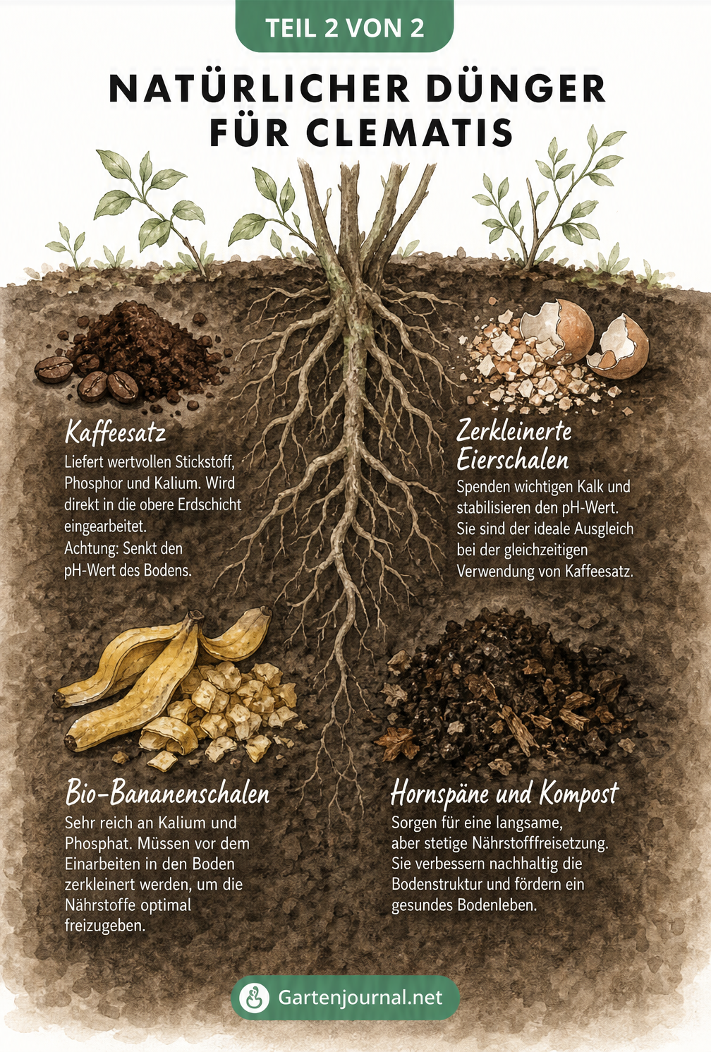 Illustration eines Bodenquerschnitts mit Clematis-Wurzeln und natürlichen Düngern wie Kaffeesatz, Eierschalen, Bananenschalen und Hornspänen.