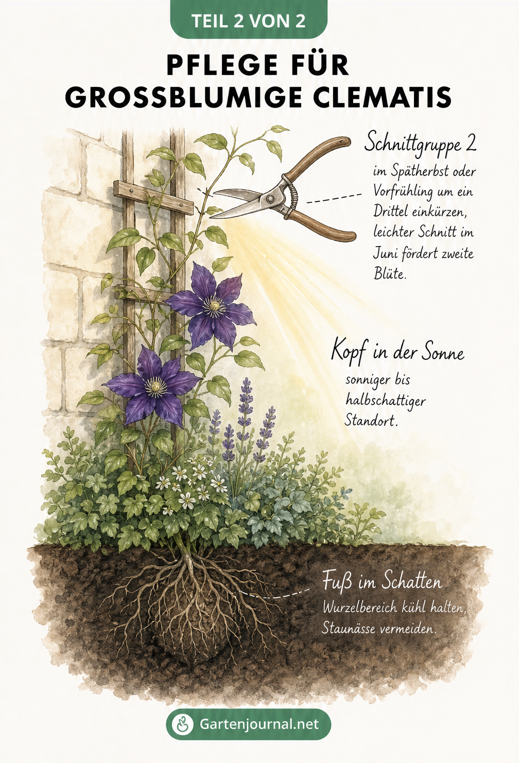 Querschnitt-Zeichnung zur Pflanzung und Pflege von Clematis mit schattigem Wurzelbereich und sonnigem Trieb