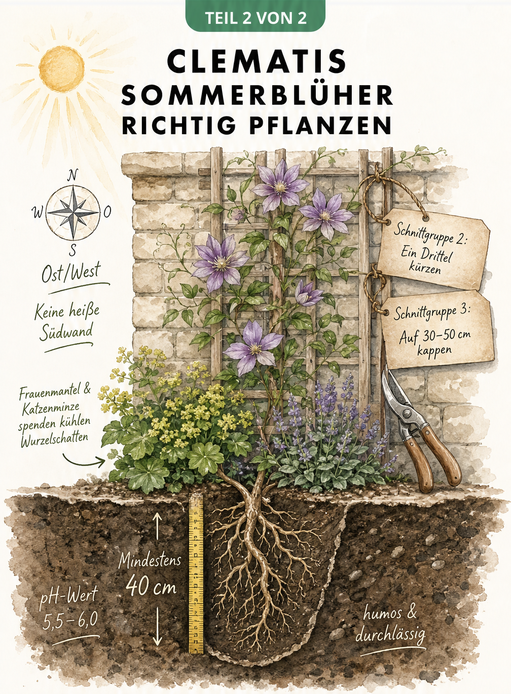 Querschnitt-Zeichnung zur richtigen Pflanzung von Clematis mit schattigem Wurzelbereich, 40 cm Pflanzlochtiefe und Rückschnitt-Tipps