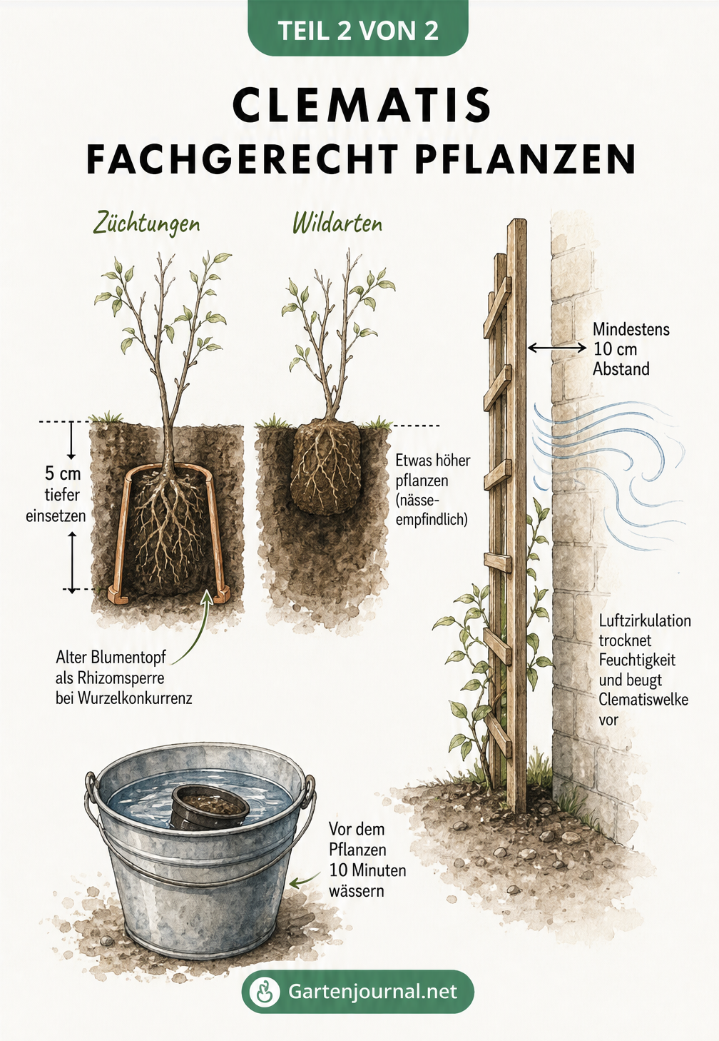 Skizze zur fachgerechten Pflanzung von Clematis mit Pflanztiefe für Züchtungen und Wildarten, Rhizomsperre und Wandabstand.