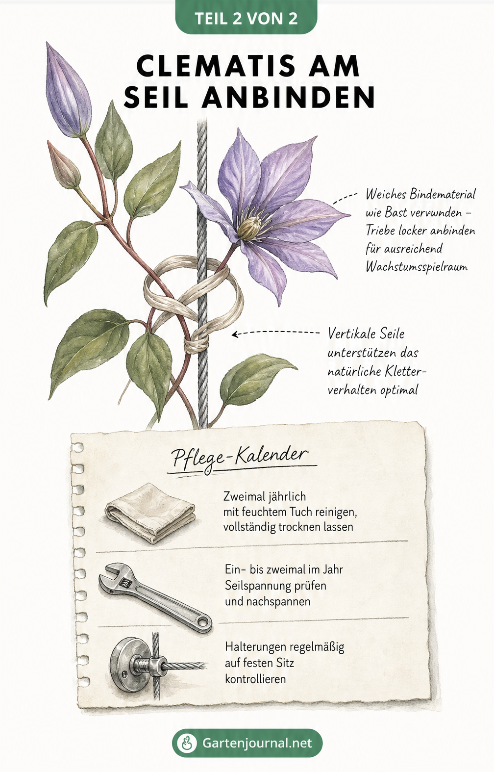 Illustration einer Clematis-Ranke, die mit einem weichen Band an einem vertikalen Edelstahlseil angebunden ist, inklusive Pflegehinweisen