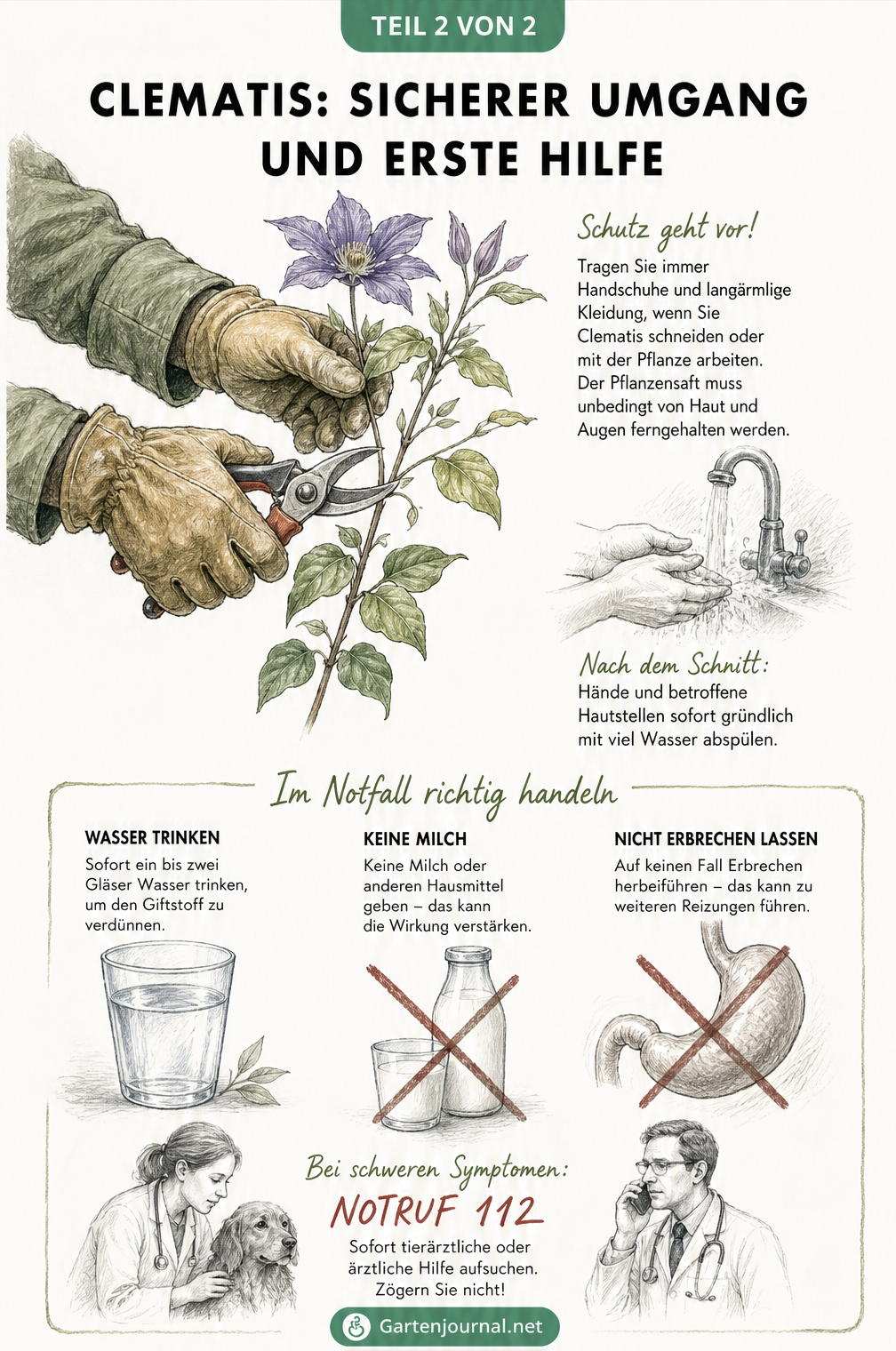 Illustration von Gärtnerhänden mit Handschuhen beim Schneiden einer Clematis sowie Erste-Hilfe-Tipps bei Vergiftungen.