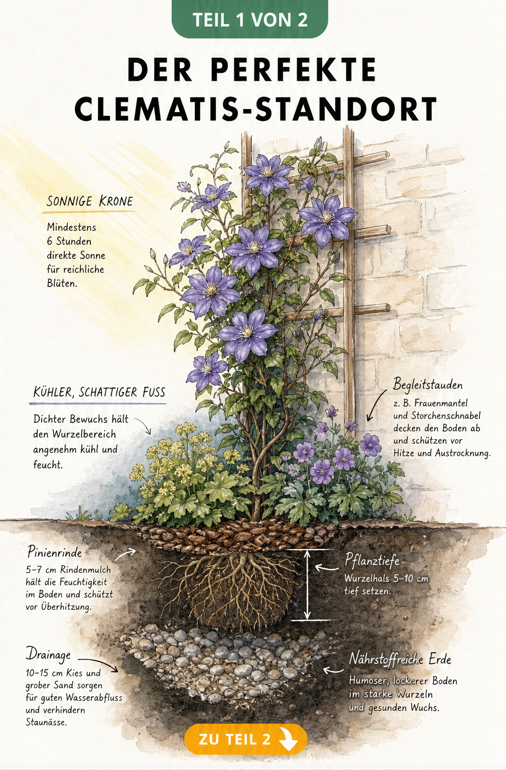 Botanische Schnittdarstellung einer Clematis am Spalier mit schattigem Fuß und sonniger Krone