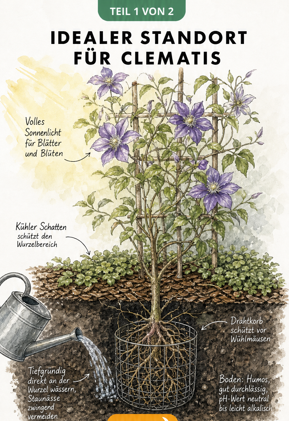 Botanische Illustration einer Clematis mit Wurzelwerk im Querschnitt, die den idealen Standort mit Sonne für Blüten und Schatten für Wurzeln zeigt.