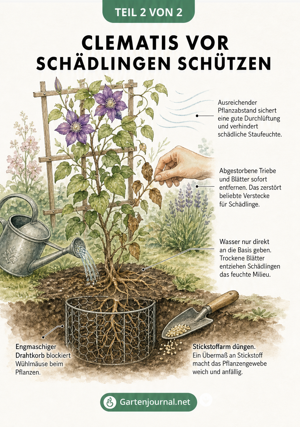 Illustration einer gesunden Clematis am Rankgitter mit Tipps zu Pflanzabstand, Gießen und Wühlmausschutz