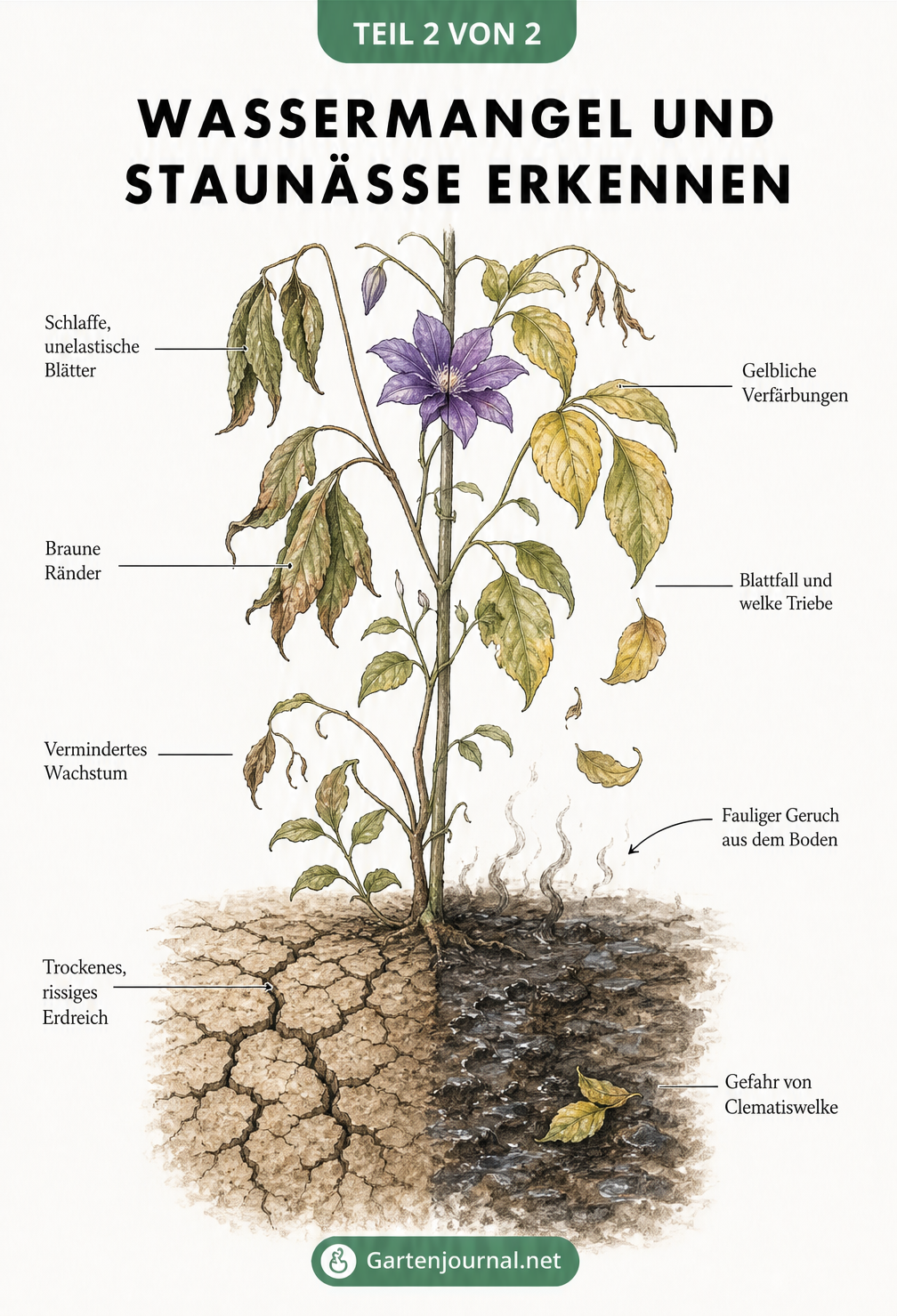 Illustration eines Clematis-Triebs, der links Symptome von Trockenheit und rechts Symptome von Staunässe zeigt.