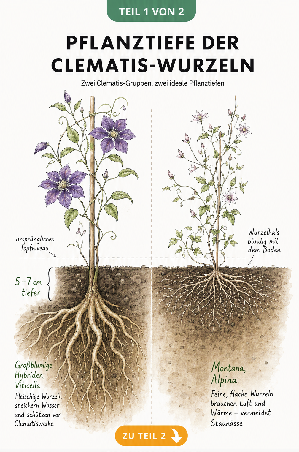 Botanischer Erdschnitt zeigt die Pflanztiefe von Clematis-Wurzeln im Vergleich: links fleischige Wurzeln tief gepflanzt, rechts feine Wurzeln flach gepflanzt.