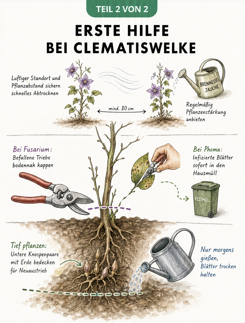 Schnittdarstellung einer Clematis mit Tipps zur Pflanztiefe, zum Gießen und zum Rückschnitt bei Clematiswelke