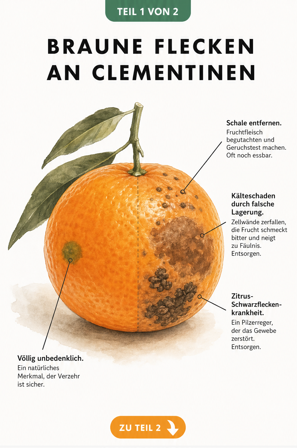Botanische Illustration einer Clementine mit verschiedenen Arten von braunen und schwarzen Flecken auf der Schale.