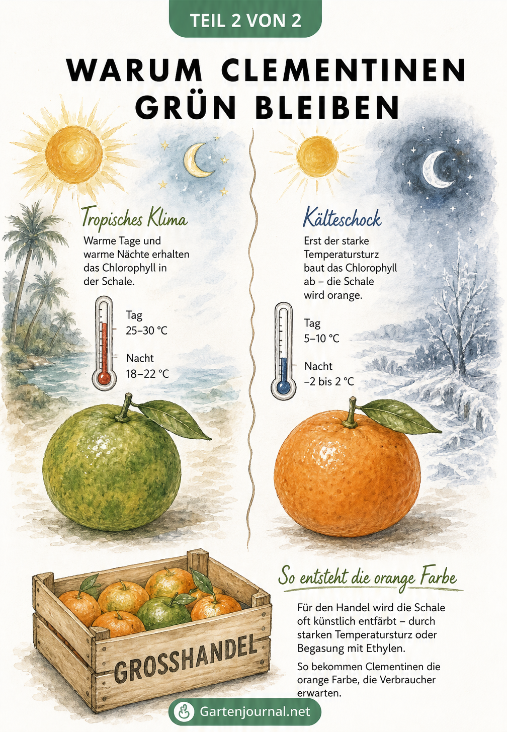Illustration des Einflusses von Temperatur auf die Schalenfarbe von Clementinen, links tropisches Klima mit grüner Frucht, rechts Kälteschock mit oranger Frucht