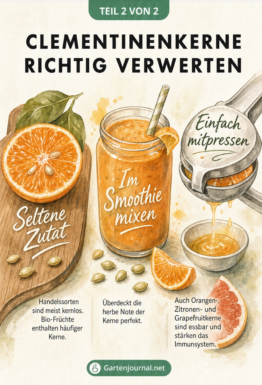 Illustration zur Verwertung von Clementinenkernen im Smoothie oder beim Saftpressen