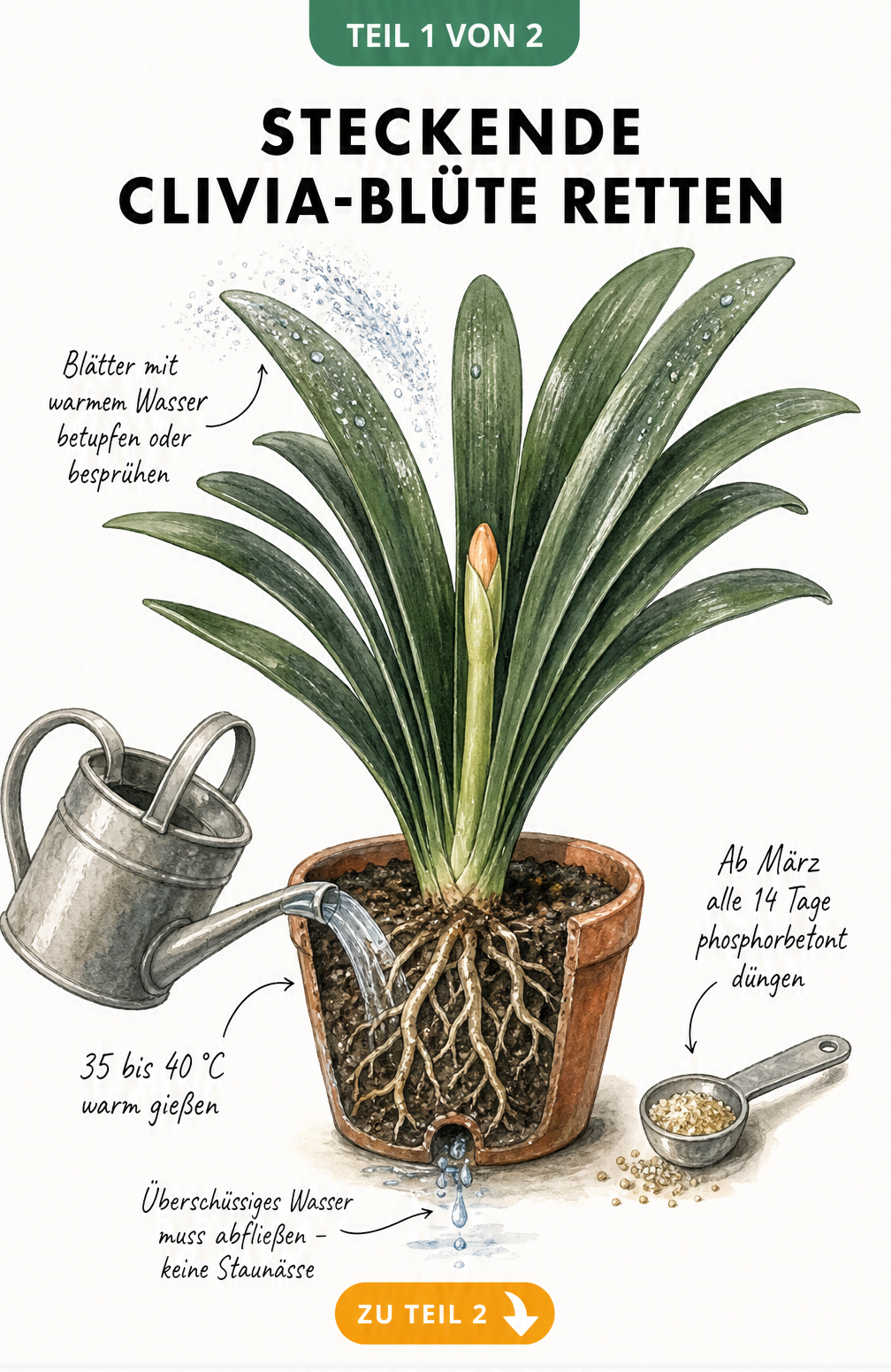Botanische Illustration einer Clivia mit steckengebliebener Blüte und Pflegehinweisen wie warm gießen und düngen
