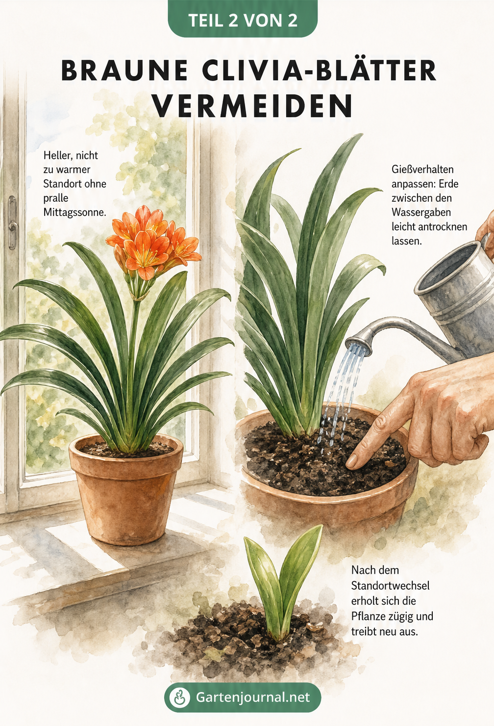 Illustration einer gesunden Clivia am Fenster und einer Nahaufnahme beim Gießen mit dem Hinweis, die Erde leicht antrocknen zu lassen.