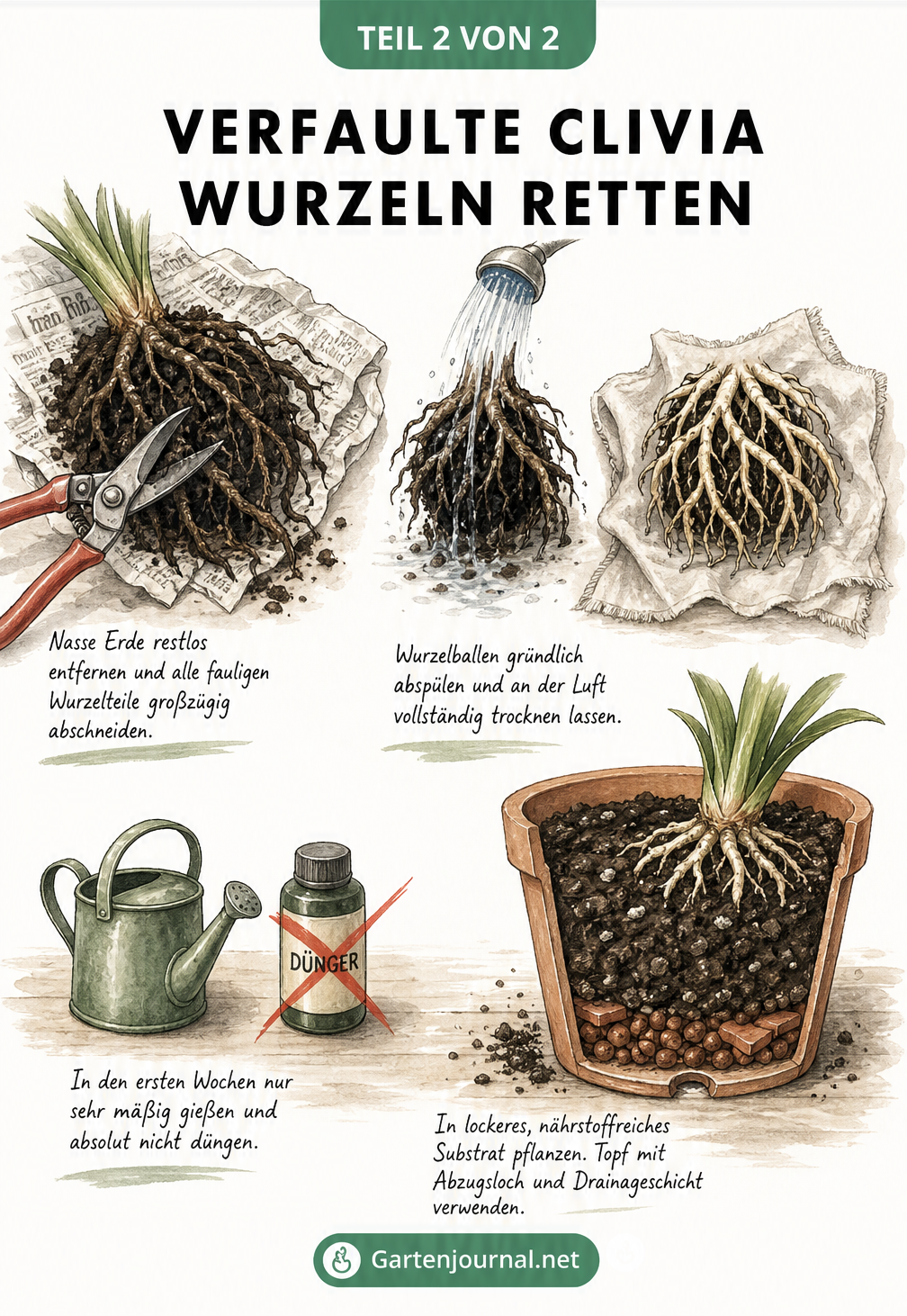 Illustration der Arbeitsschritte zur Rettung einer Clivia: Wurzeln schneiden, abspülen und in frisches Substrat mit Drainage pflanzen