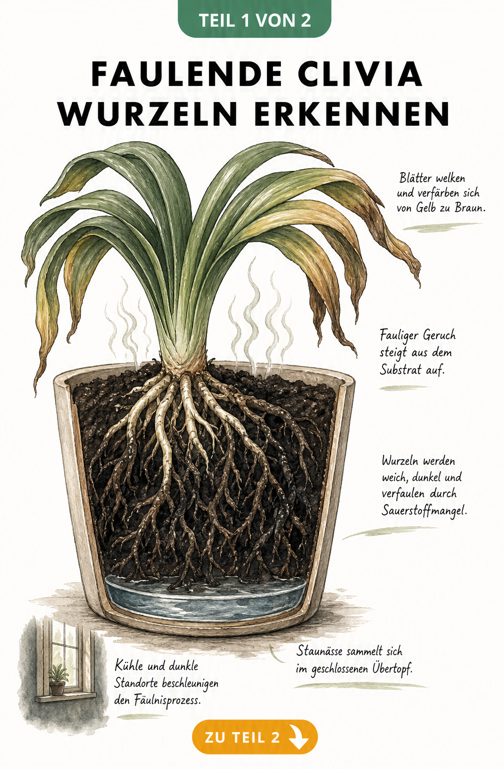 Botanische Querschnitt-Illustration einer Clivia im Topf mit faulenden Wurzeln, welken Blättern und Staunässe
