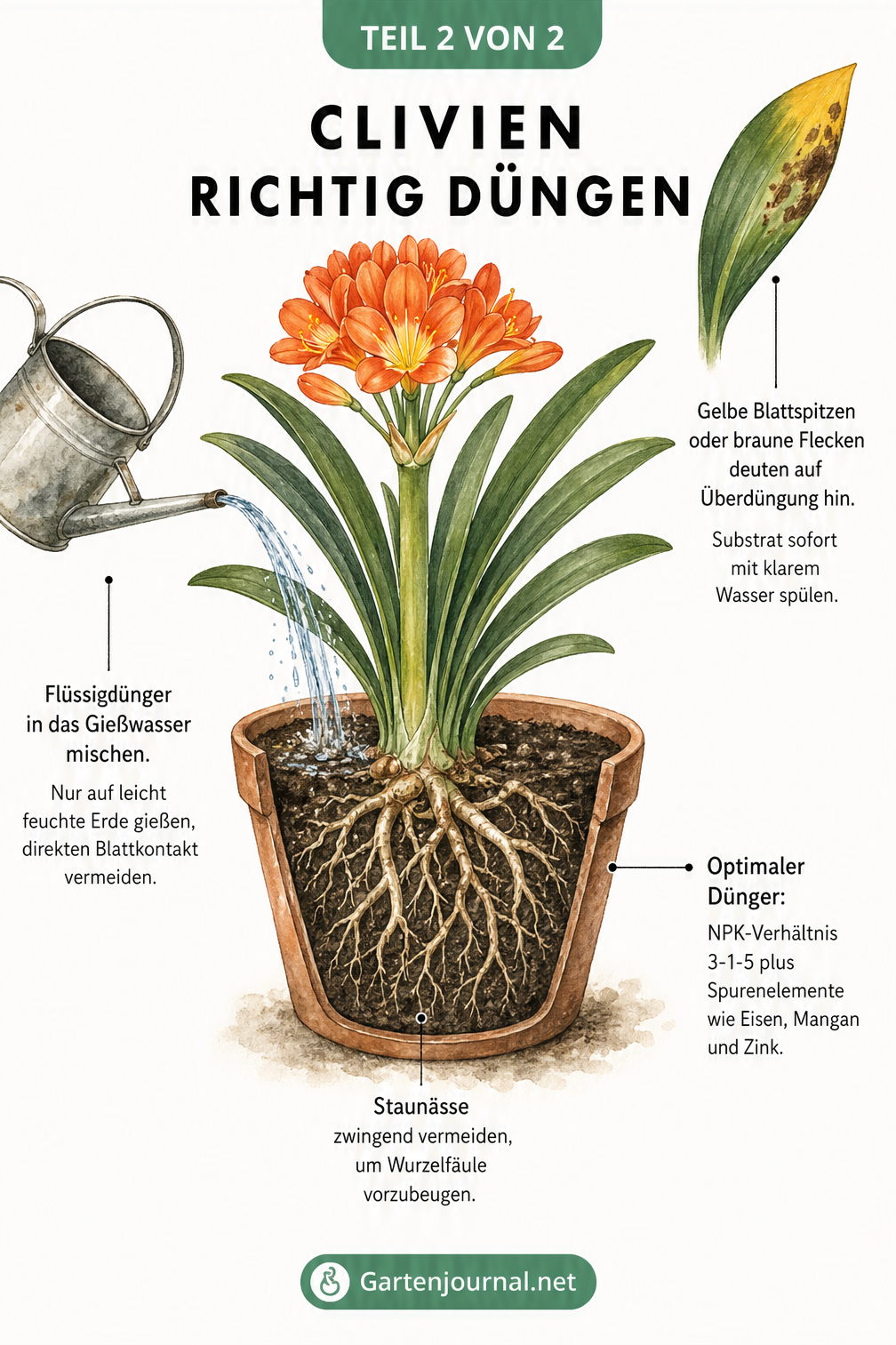 Querschnitt-Illustration einer Clivie im Terrakotta-Topf mit Gießkanne, die zeigt, wie Flüssigdünger richtig angewendet wird und welche Nährstoffe wichtig sind.