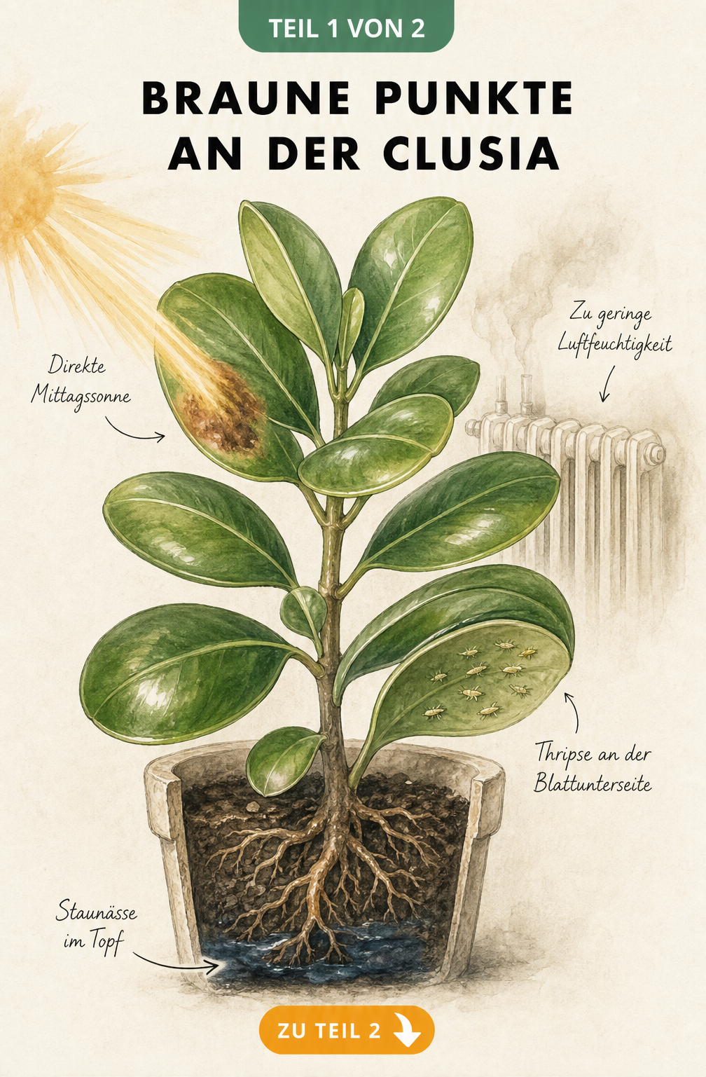Illustration einer Clusia rosea mit braunen Punkten auf den Blättern, verursacht durch direkte Mittagssonne, Thripse, Staunässe und zu geringe Luftfeuchtigkeit.