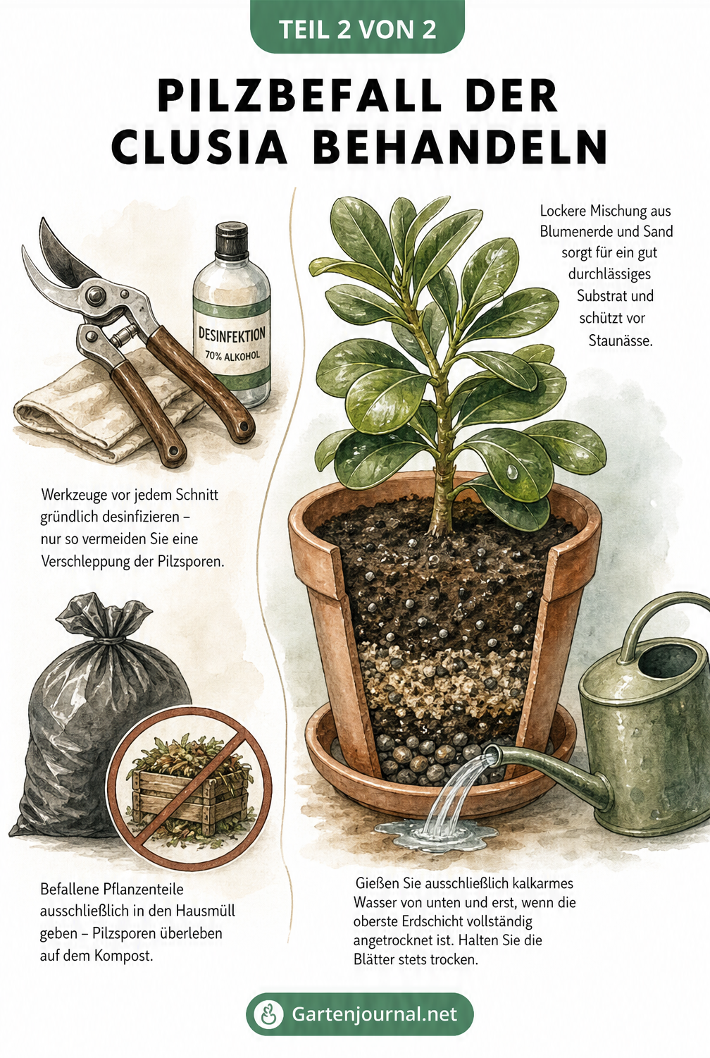 Illustration zur Behandlung von Pilzbefall bei der Clusia, mit desinfizierter Gartenschere, durchlässigem Substrat und richtigem Gießen.