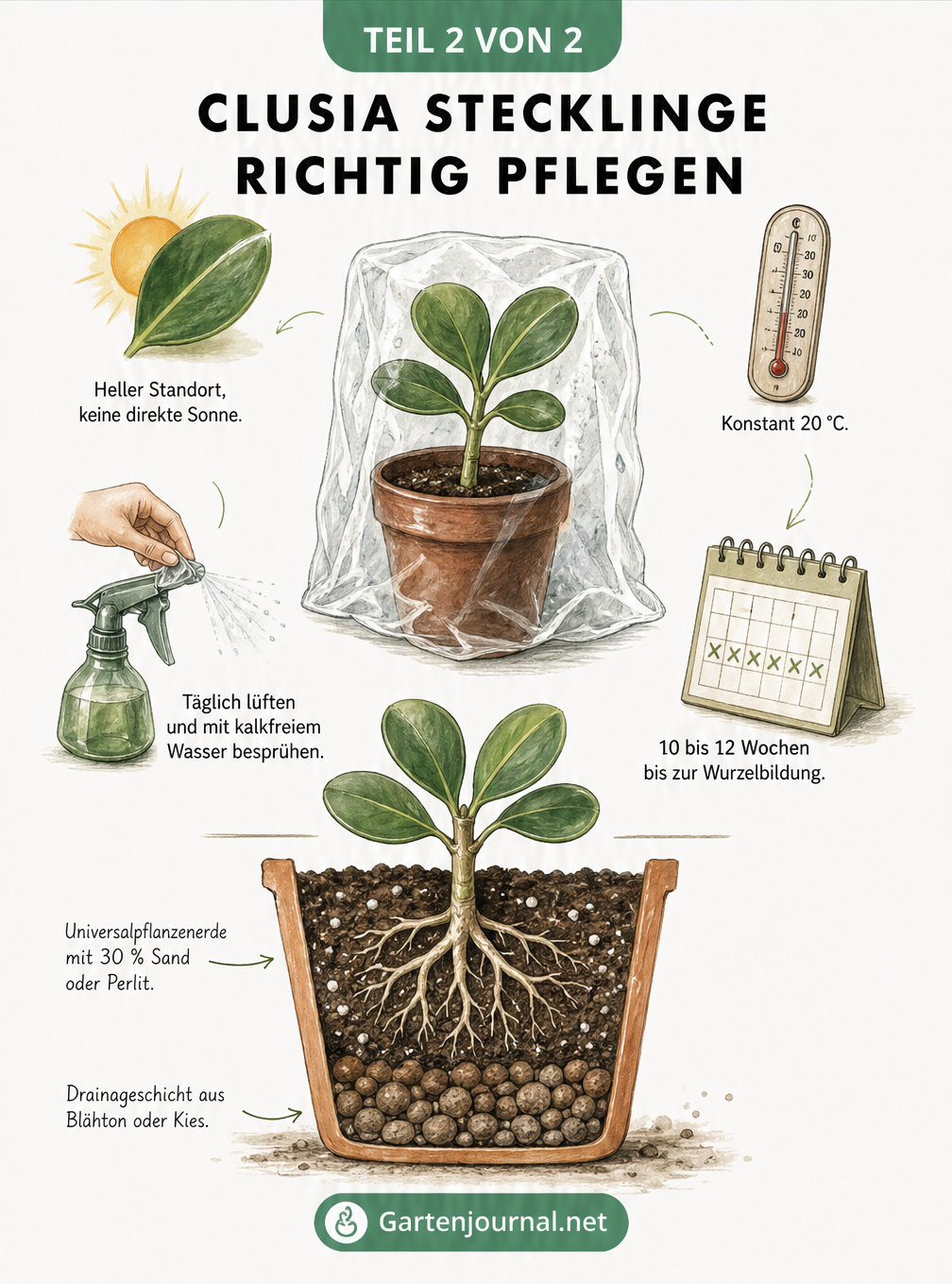 Illustration zur Pflege von Clusia-Stecklingen im Mikroklima und beim Einpflanzen