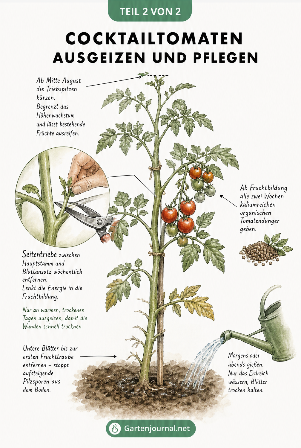 Illustration eines Cocktailtomaten-Triebes, die das Ausgeizen von Seitentrieben, das Entfernen unterer Blätter und das richtige Gießen zeigt