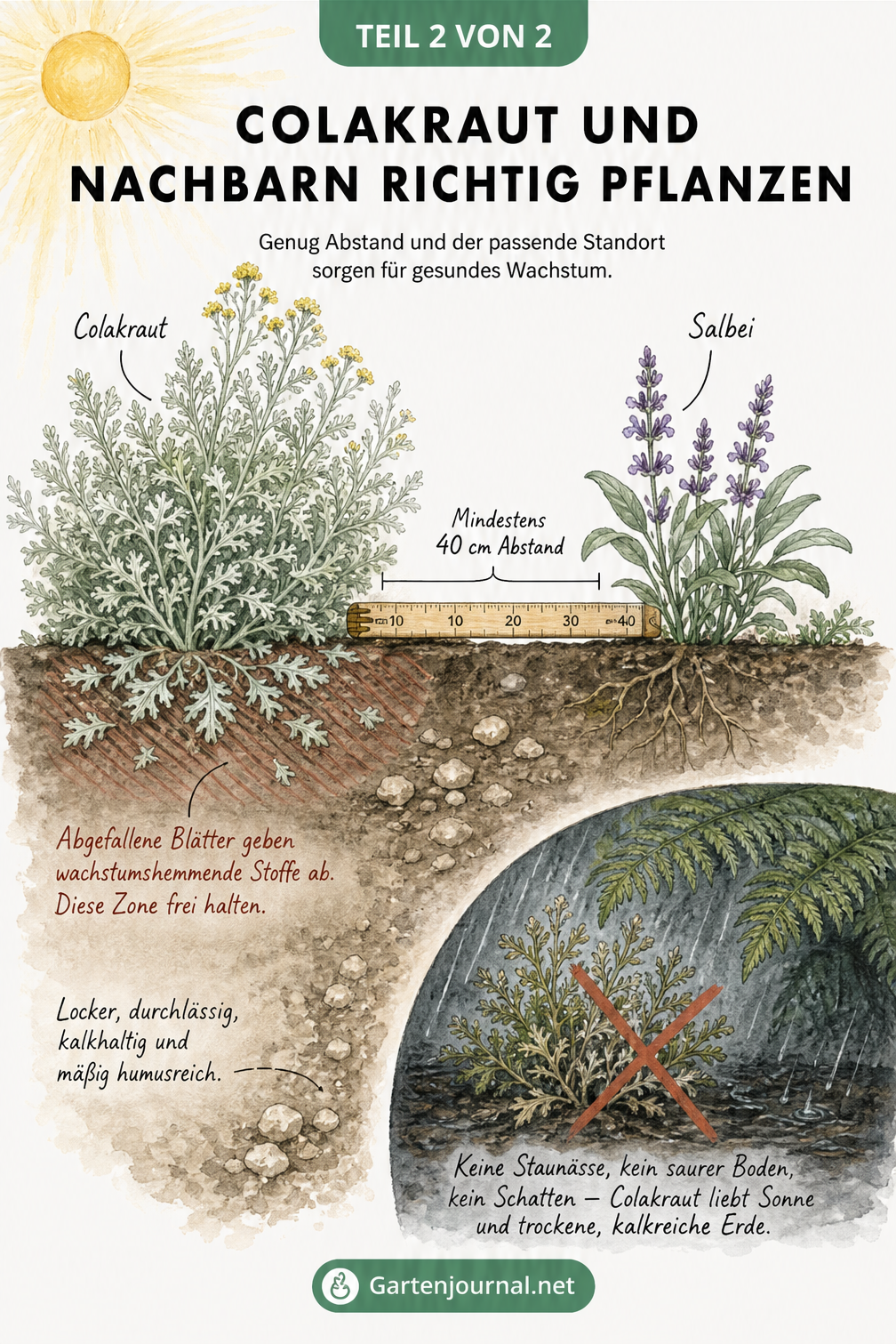 Querschnitt eines Gartenbeets mit Colakraut und Salbei, der den Mindestabstand von 40 cm und die Bodenbeschaffenheit zeigt.
