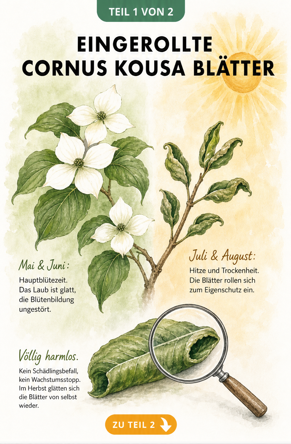 Botanische Illustration eines Cornus kousa Zweigs im Frühling mit glatten Blättern und im Sommer mit eingerollten Blättern als Hitzeschutz