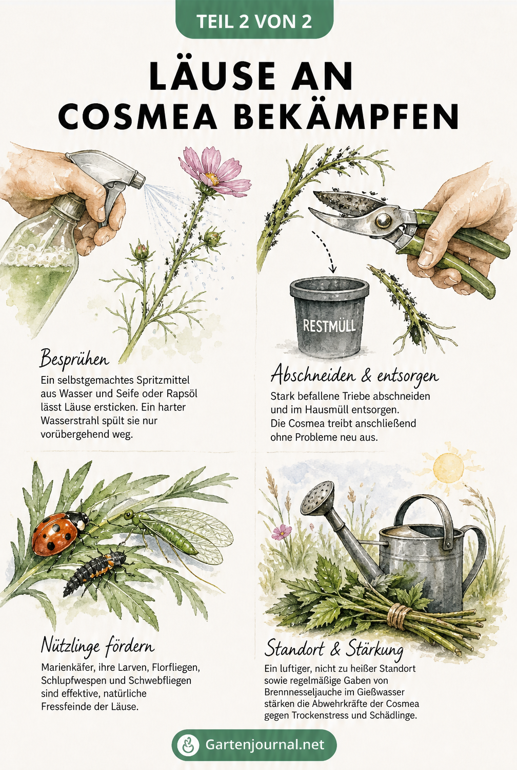 Illustration zur Bekämpfung von Blattläusen an Cosmea: Spritzmittel, Rückschnitt, Nützlinge wie Marienkäfer und Brennnesseljauche.