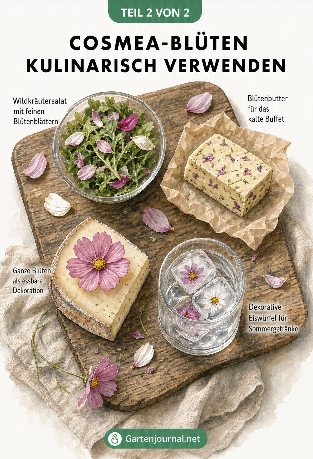 Illustration verschiedener kulinarischer Verwendungen von Cosmea-Blüten: im Wildkräutersalat, als Blütenbutter, auf Käse und in Eiswürfeln