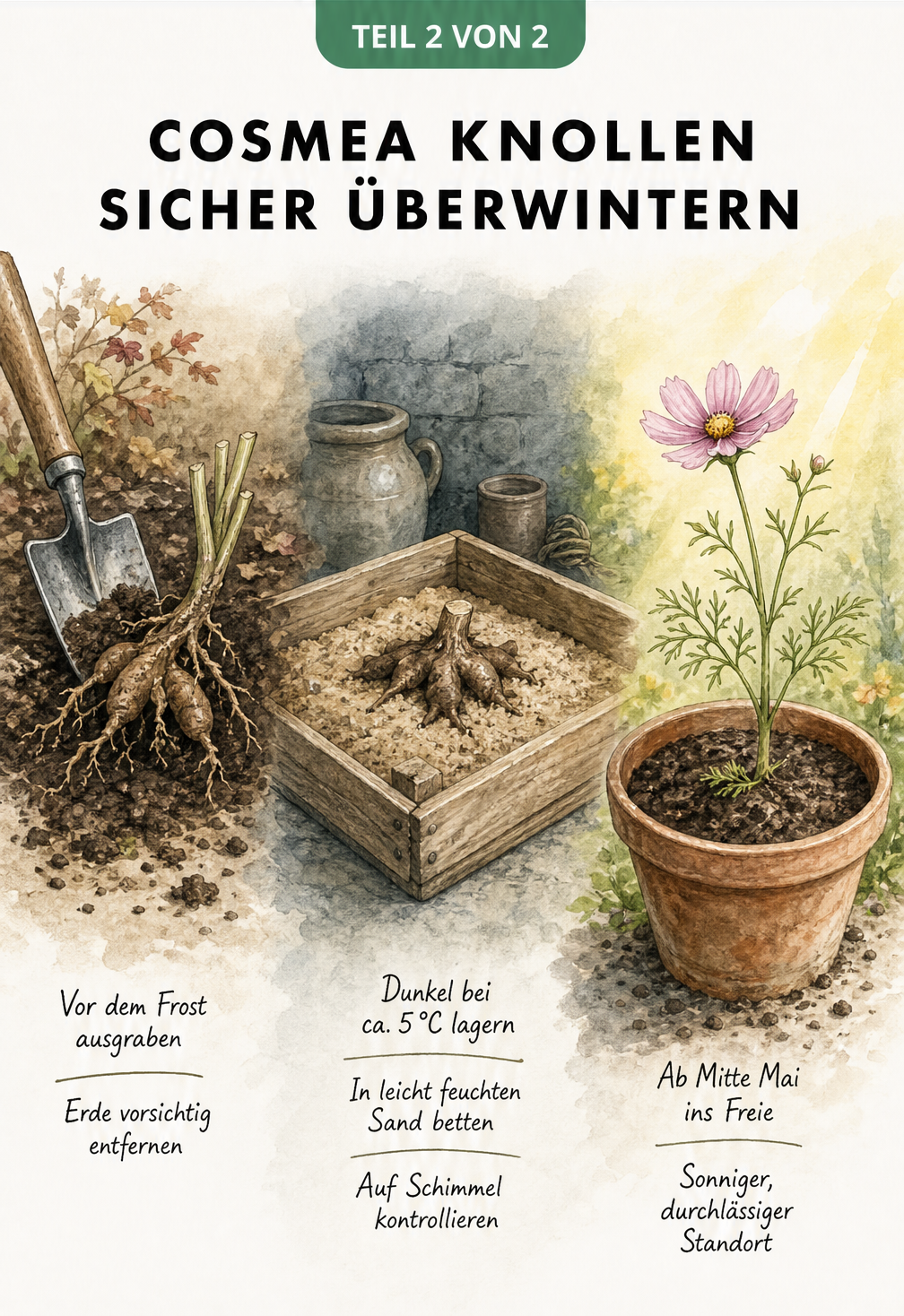 Aquarell-Illustration zur Überwinterung von Cosmea-Knollen: Ausgraben vor dem Frost, dunkle Lagerung in Sand bei 5 Grad und Auspflanzen im Mai.