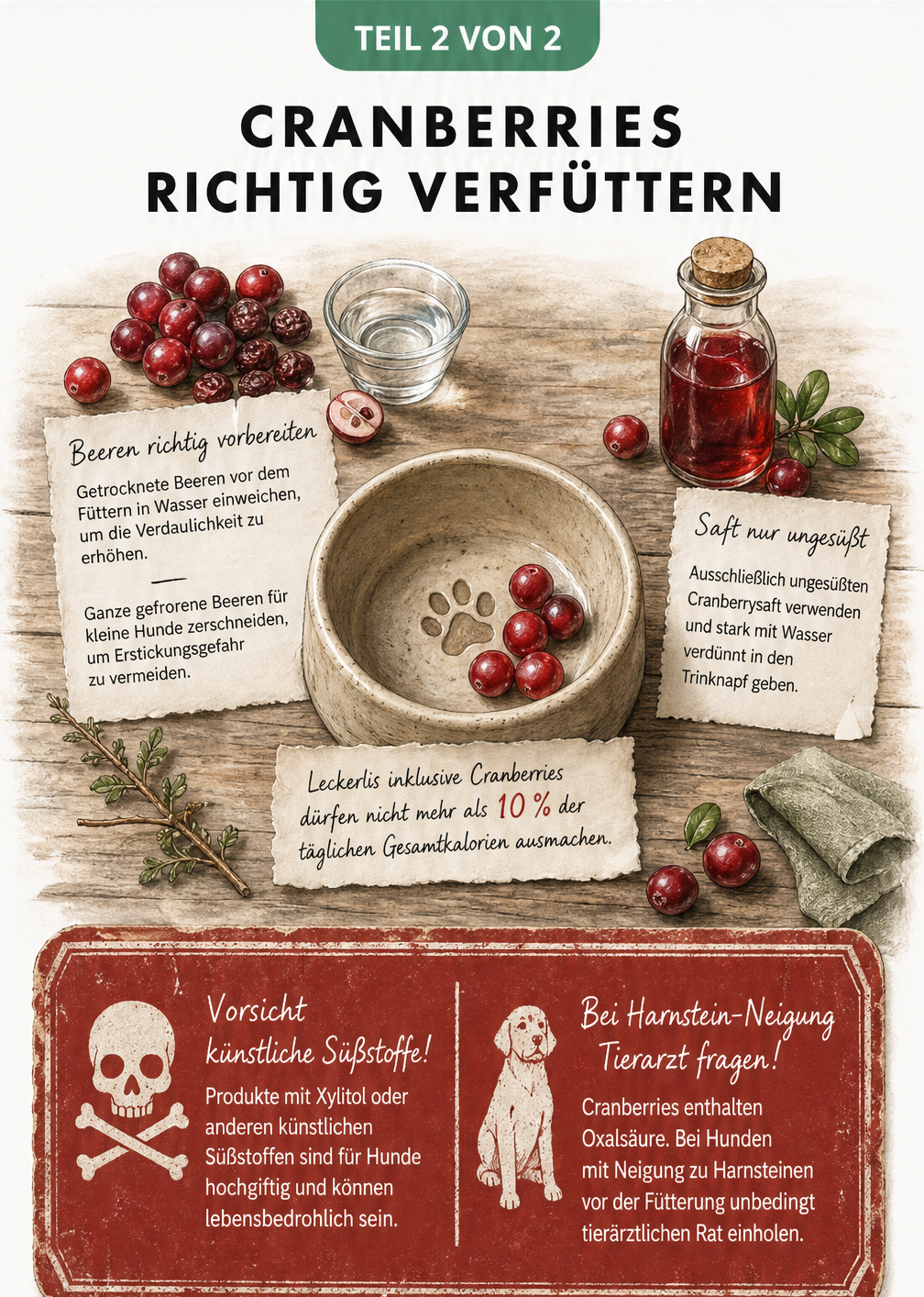 Illustration verschiedener Zubereitungsformen von Cranberries für Hunde, inklusive Warnhinweisen zu Xylitol und Oxalsäure.