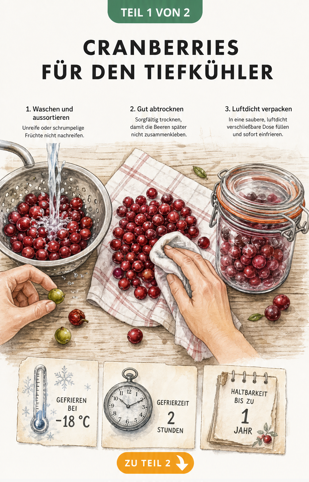 Illustration von Cranberries beim Waschen, Trocknen und Einfrieren in einer Glasdose
