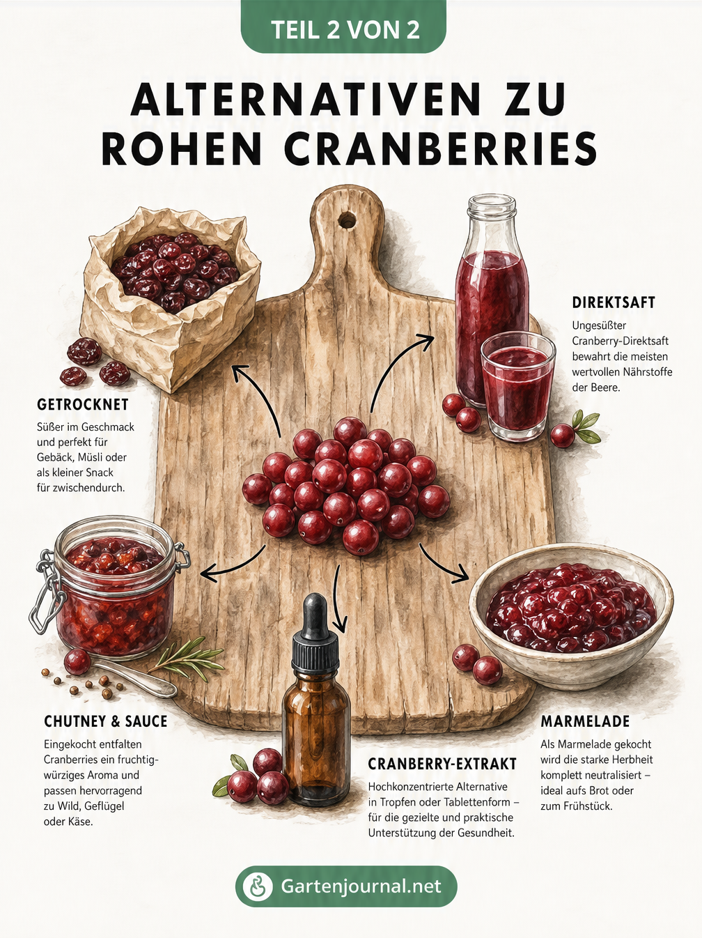 Illustration verschiedener Alternativen zu rohen Cranberries wie getrocknete Beeren, Saft, Chutney, Marmelade und Extrakt auf einem Holzbrett.