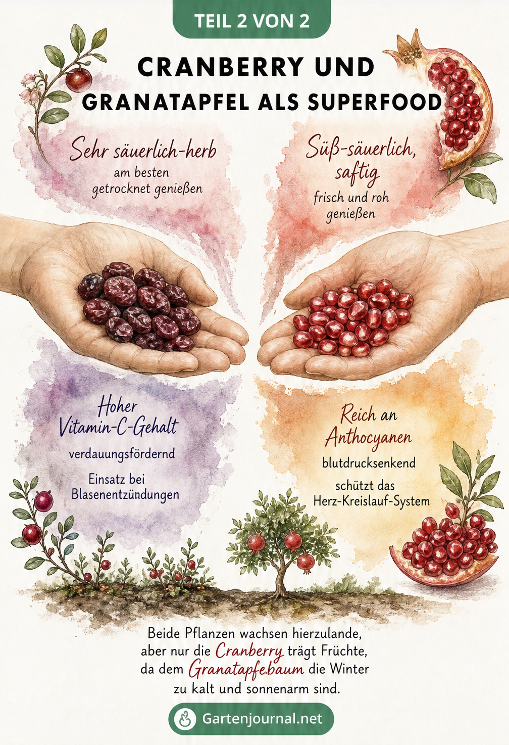 Aquarell-Illustration von Händen mit Cranberries und Granatapfelkernen, die Geschmack und Wirkung zeigt