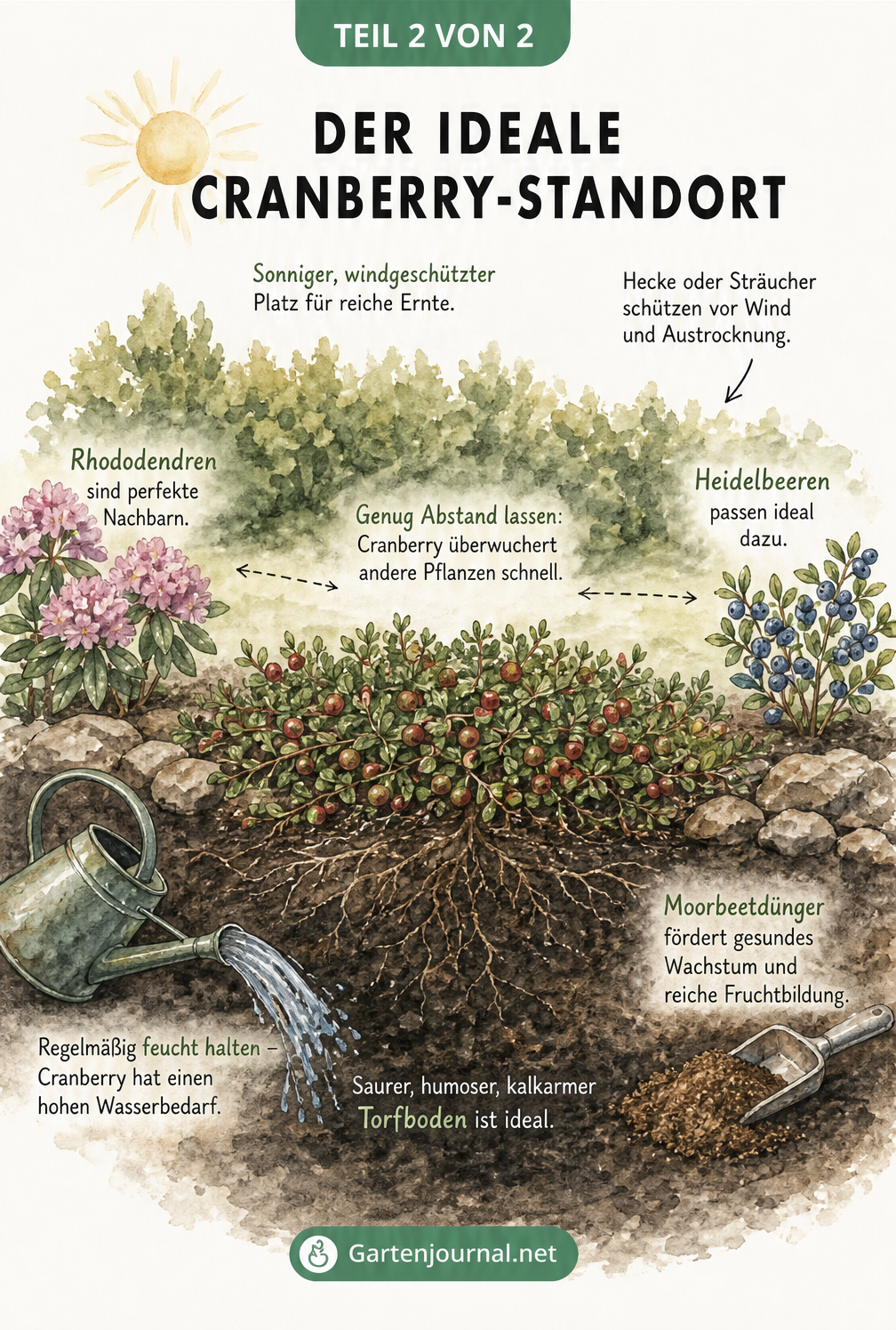 Querschnitt eines Gartenbeets mit Cranberry-Pflanzen, Sonne, Hecke und saurem Torfboden