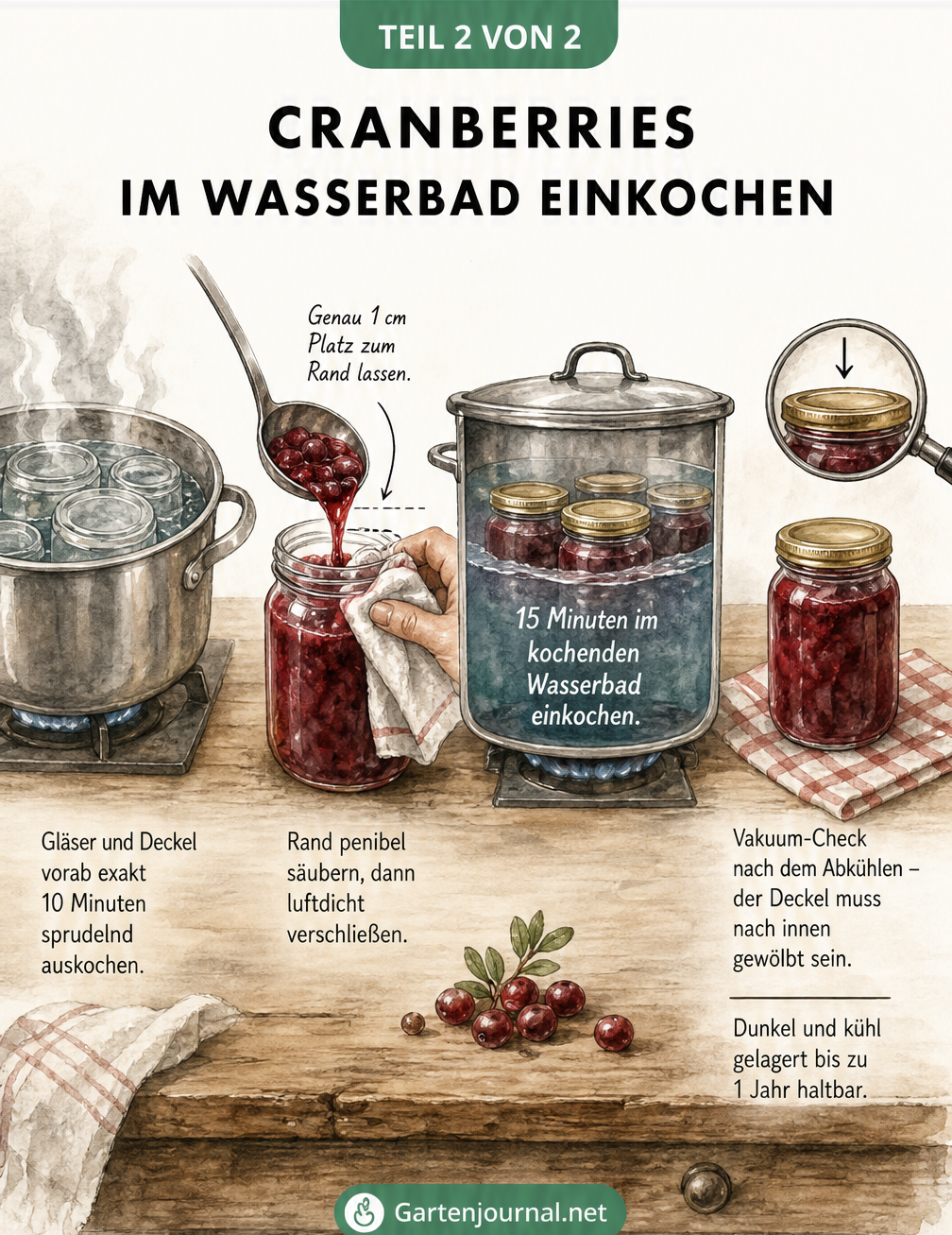 Schritt-für-Schritt-Anleitung zum Einkochen von Cranberries im Wasserbad, vom Sterilisieren der Gläser bis zum Vakuum-Check