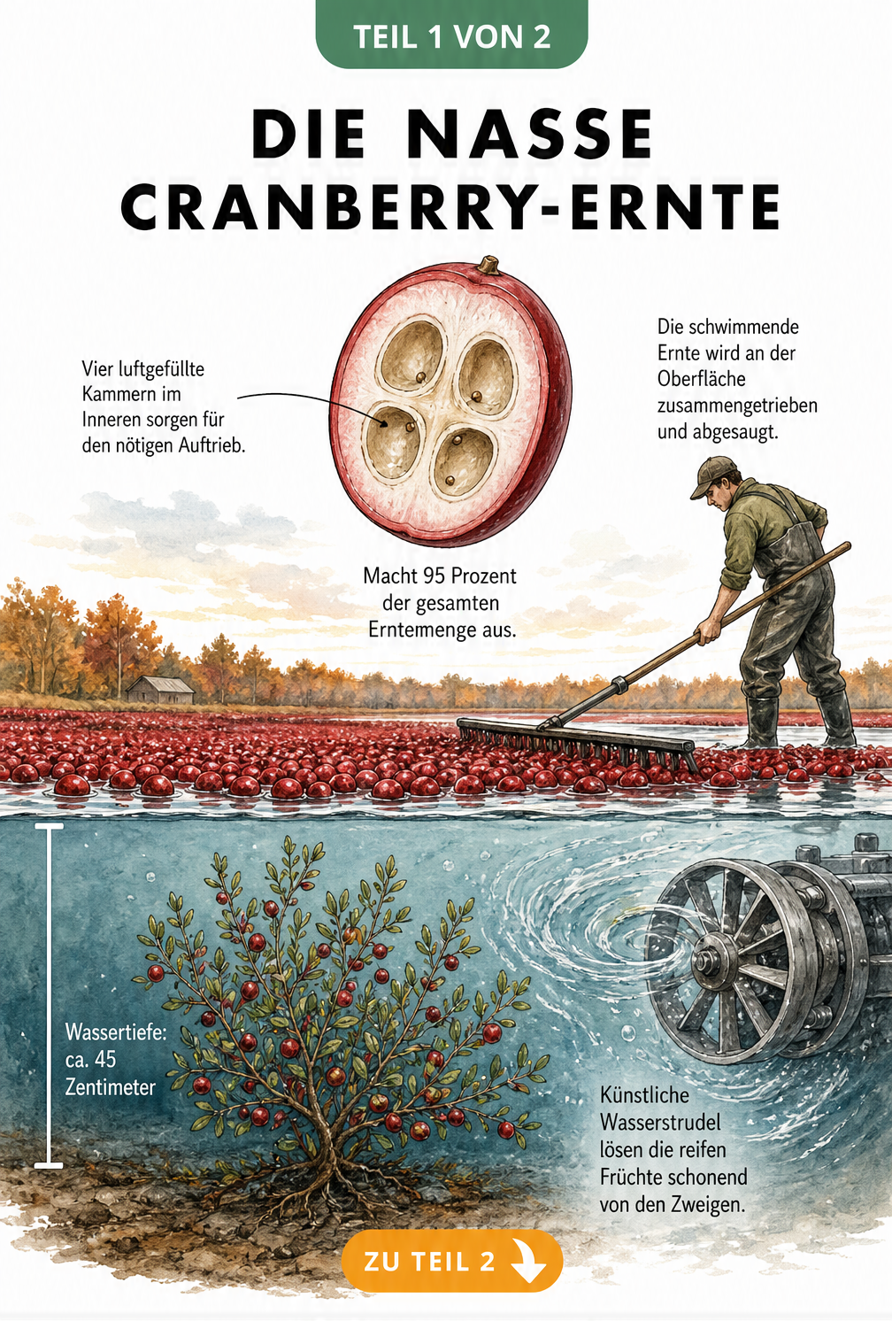 Illustration eines gefluteten Cranberry-Feldes, bei dem die Beeren durch Wasserstrudel gelöst werden und an die Oberfläche treiben.