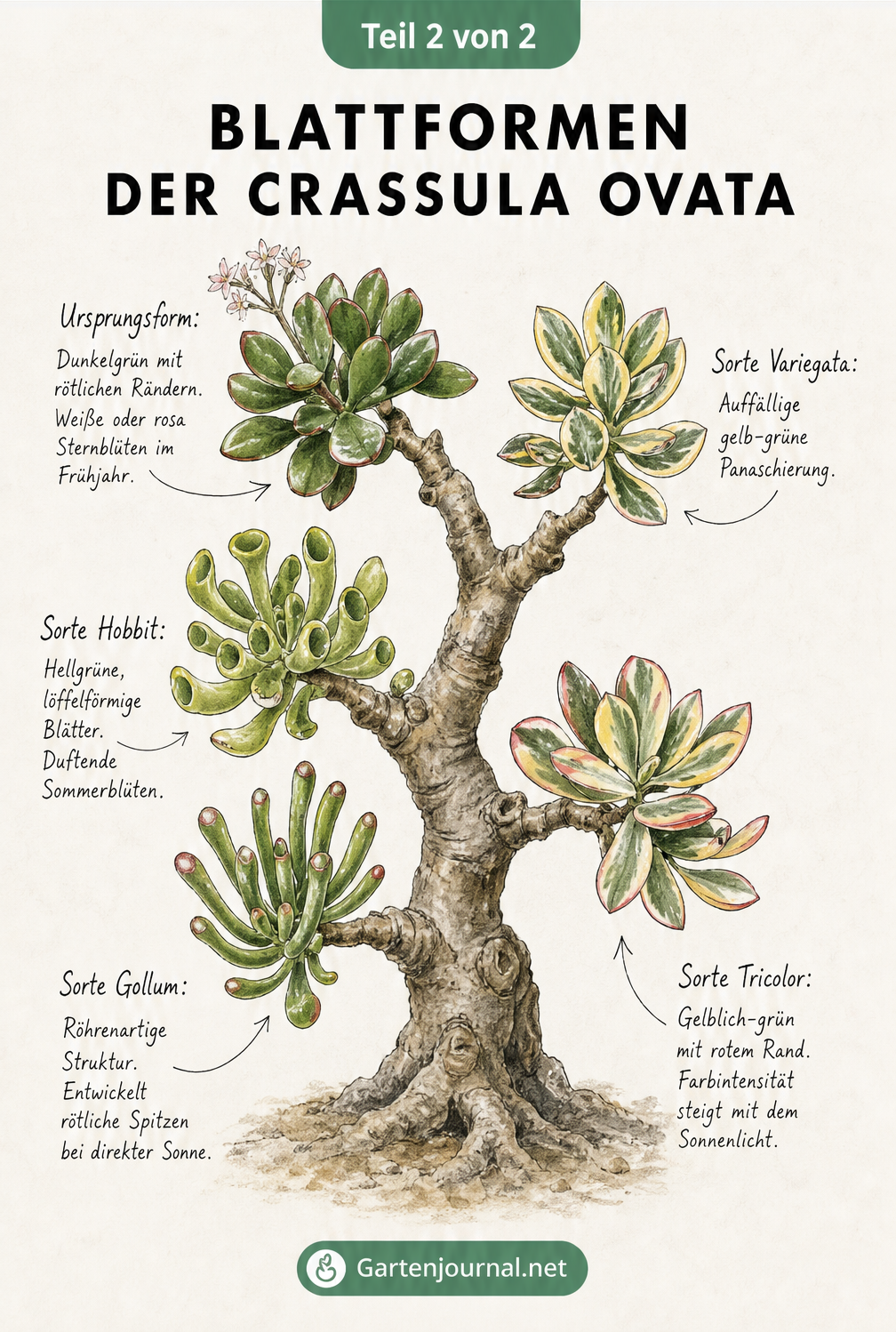Skizze eines Bonsai-Stamms mit fünf Ästen, die die Blattformen der Crassula Ovata Sorten Ursprungsform, Hobbit, Gollum, Variegata und Tricolor zeigen.