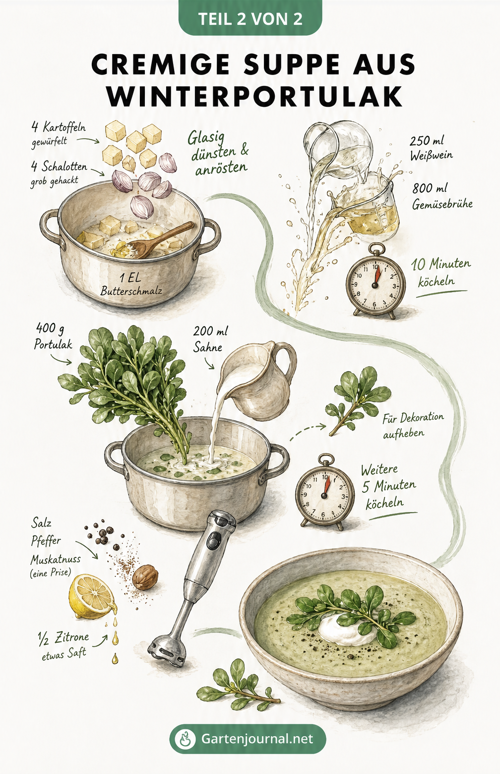 Schritt-für-Schritt-Anleitung zur Zubereitung einer cremigen Winterportulak-Suppe