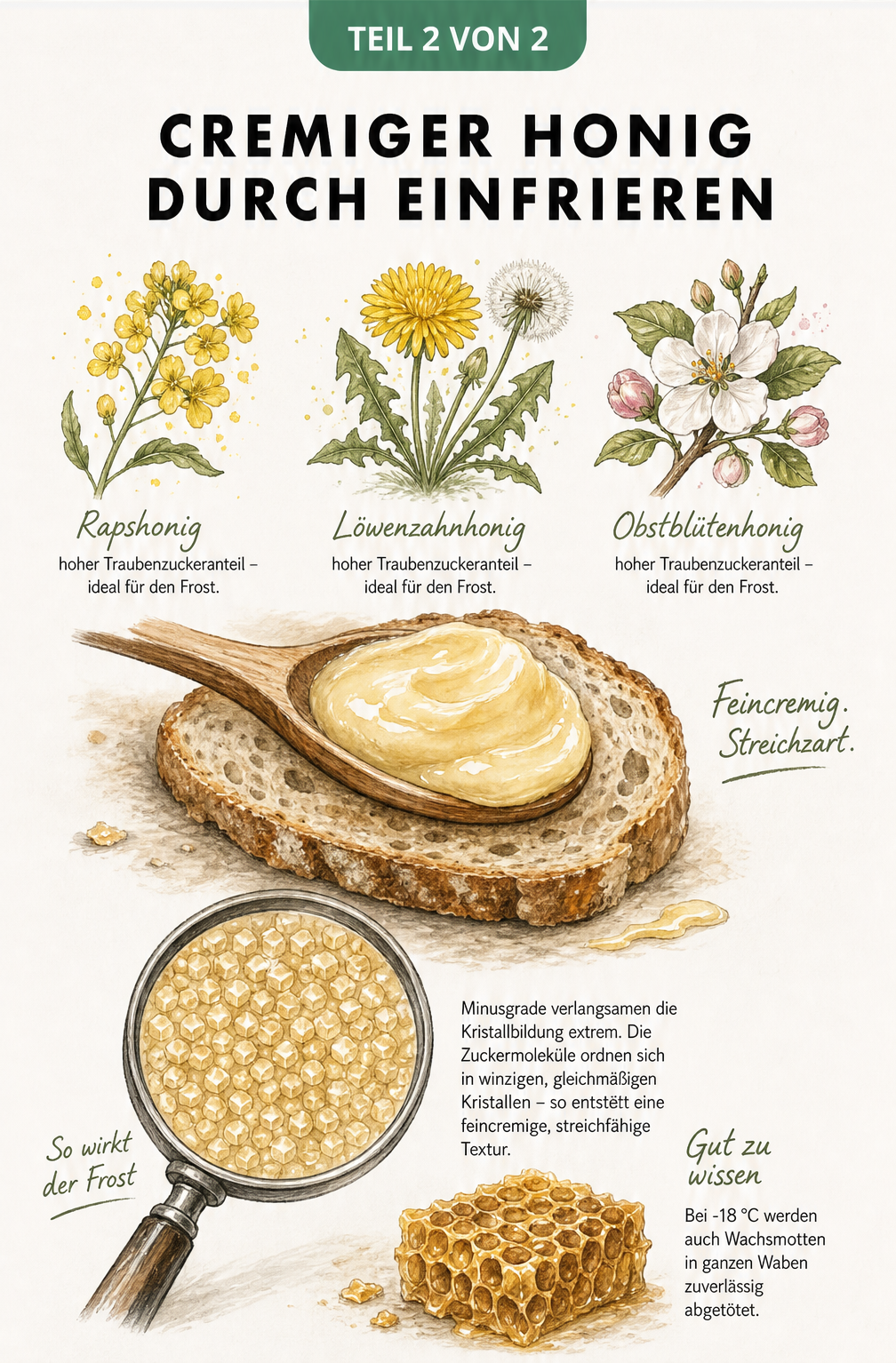 Illustration von Rapshonig, Löwenzahnhonig und Obstblütenhonig sowie einer Lupe, die feine Zuckerkristalle im Cremehonig zeigt.