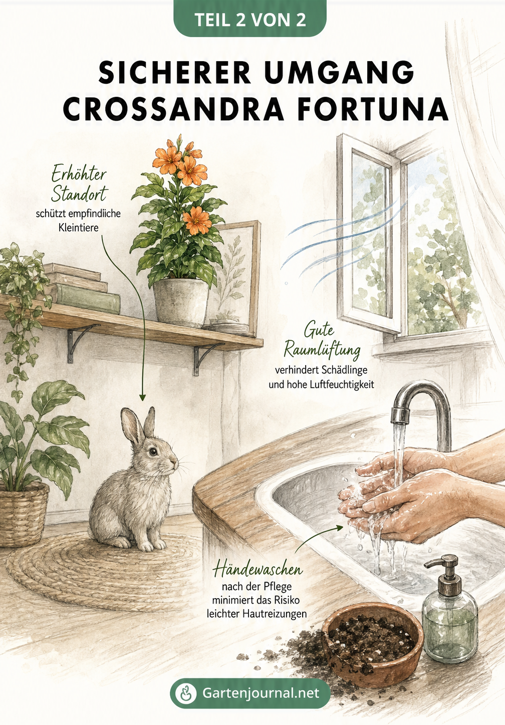 Skizze eines Wohnraums mit Crossandra Fortuna auf einem Regal, einem Kaninchen am Boden und Hinweisen zur Pflege
