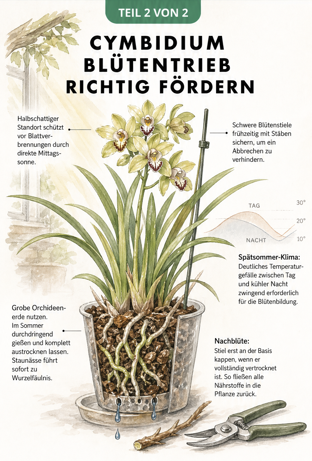 Querschnitt einer Cymbidium-Orchidee im Topf mit Hinweisen zu Standort, Stützen, Temperatur, Substrat und Rückschnitt.