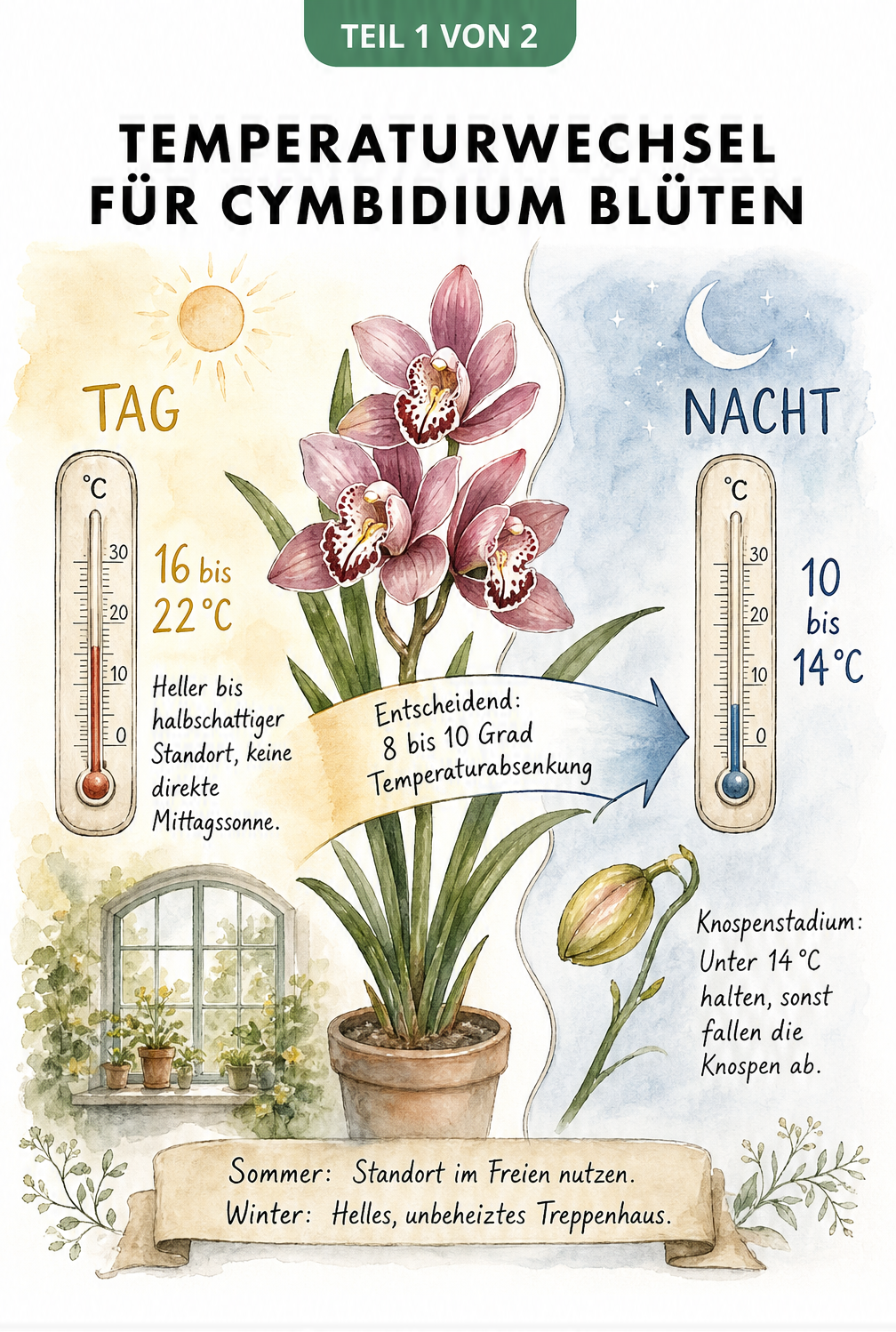 Illustration einer Cymbidium-Orchidee mit Thermometern, die den Temperaturunterschied zwischen Tag und Nacht zur Blütenbildung zeigen