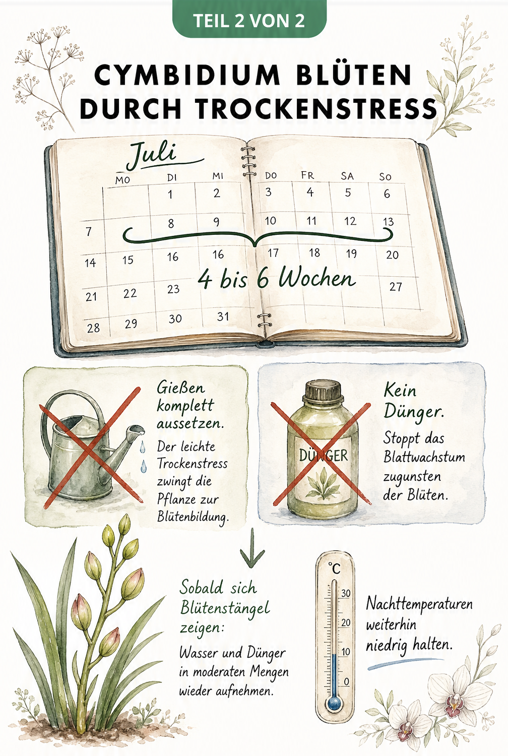 Illustration eines Kalenders für Juli mit durchgestrichener Gießkanne und Düngerflasche zur Erzeugung von Trockenstress bei Cymbidium