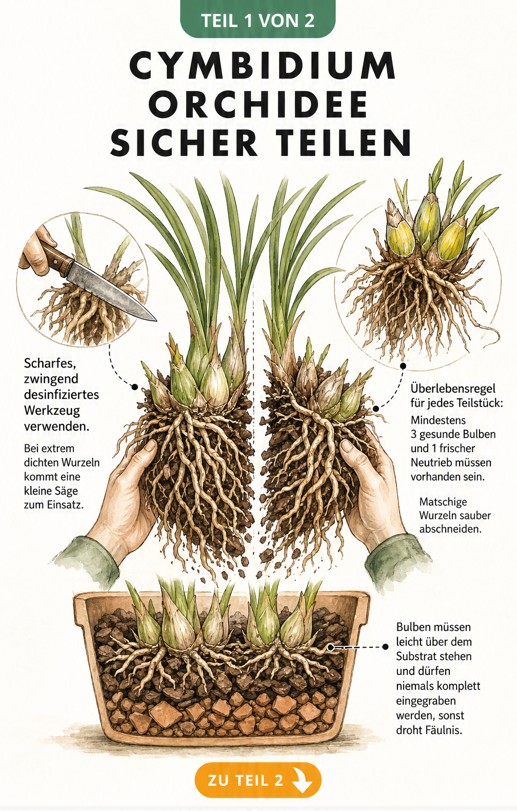 Illustration eines Cymbidium-Wurzelballens, der mit einem desinfizierten Messer geteilt wird, inklusive Hinweisen zu Bulben und Substrat.