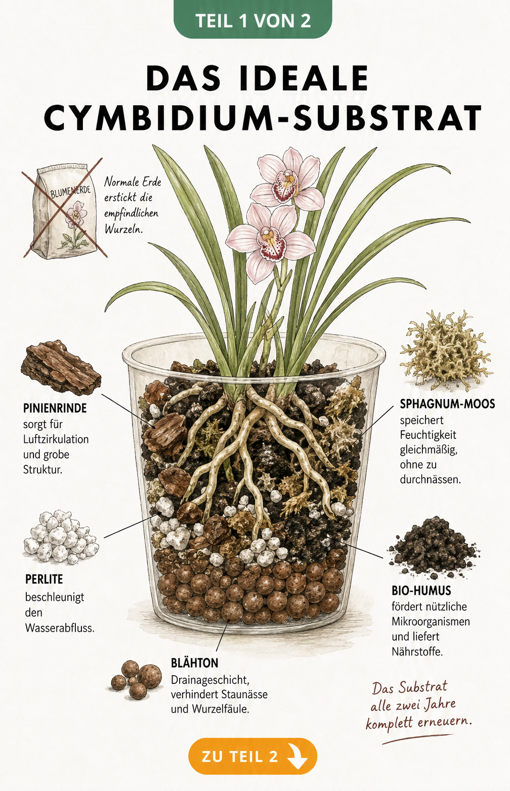Illustration eines durchsichtigen Pflanztopfes mit dem Wurzelwerk einer Cymbidium-Orchidee in grobem Substrat aus Pinienrinde, Sphagnum-Moos, Perlite und...